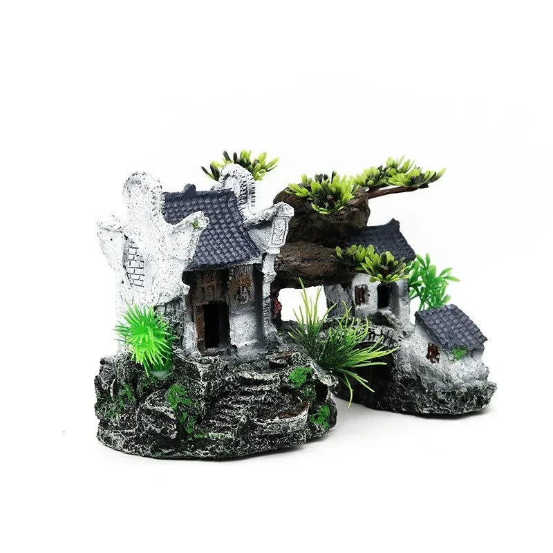 Resin aquarium landscape house ornament by FanzyMarket, designed for fish tanks and small pet habitats, with detailed natural scenery.