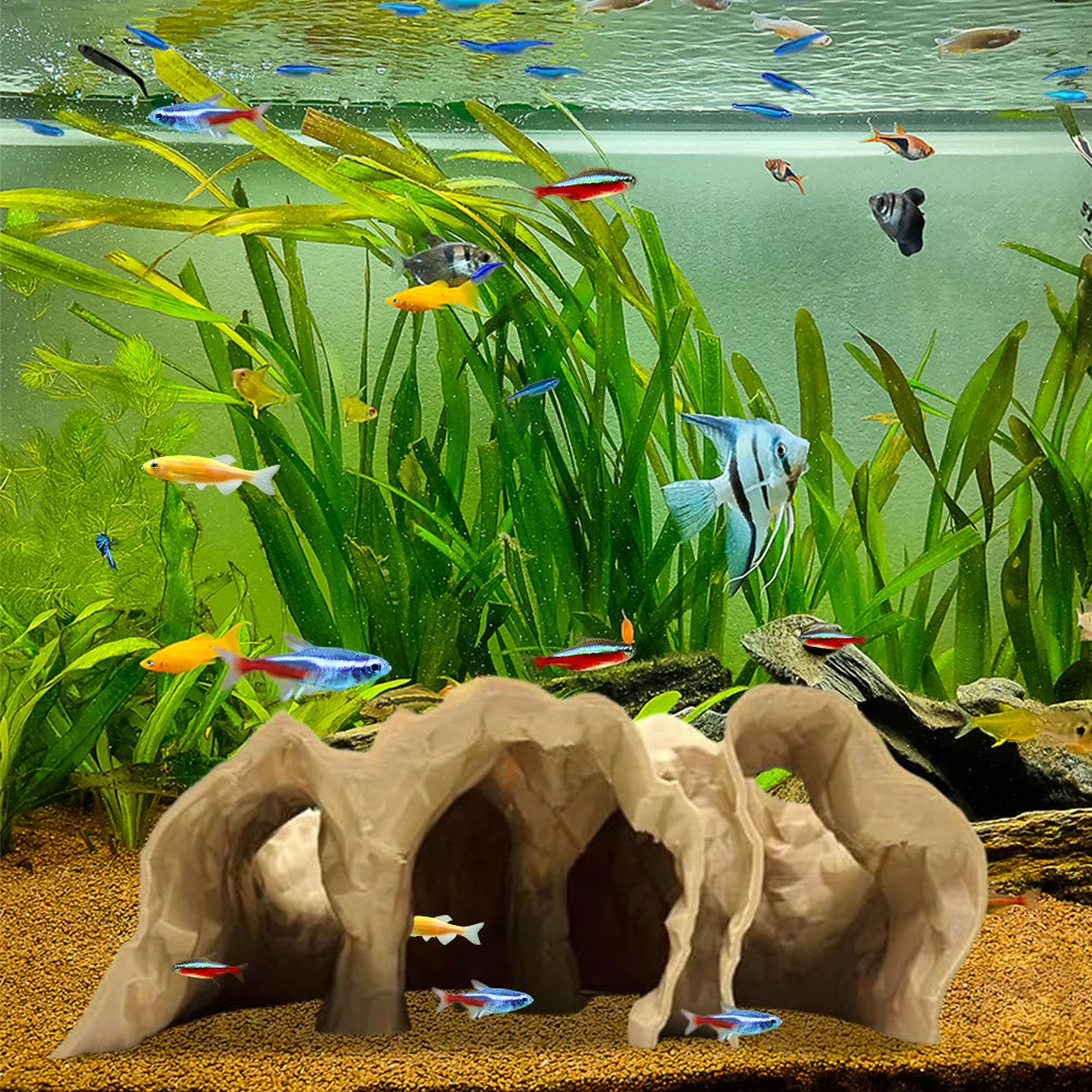 Light brown 3D printed aquarium cave hideout for small to medium fish tanks, tunnel shelter made of PLA plastic.