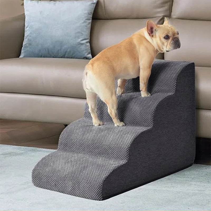 FanzyMarket washable 3-4 step pet stairs with memory foam feel, designed for small dogs and cats to access sofas easily.