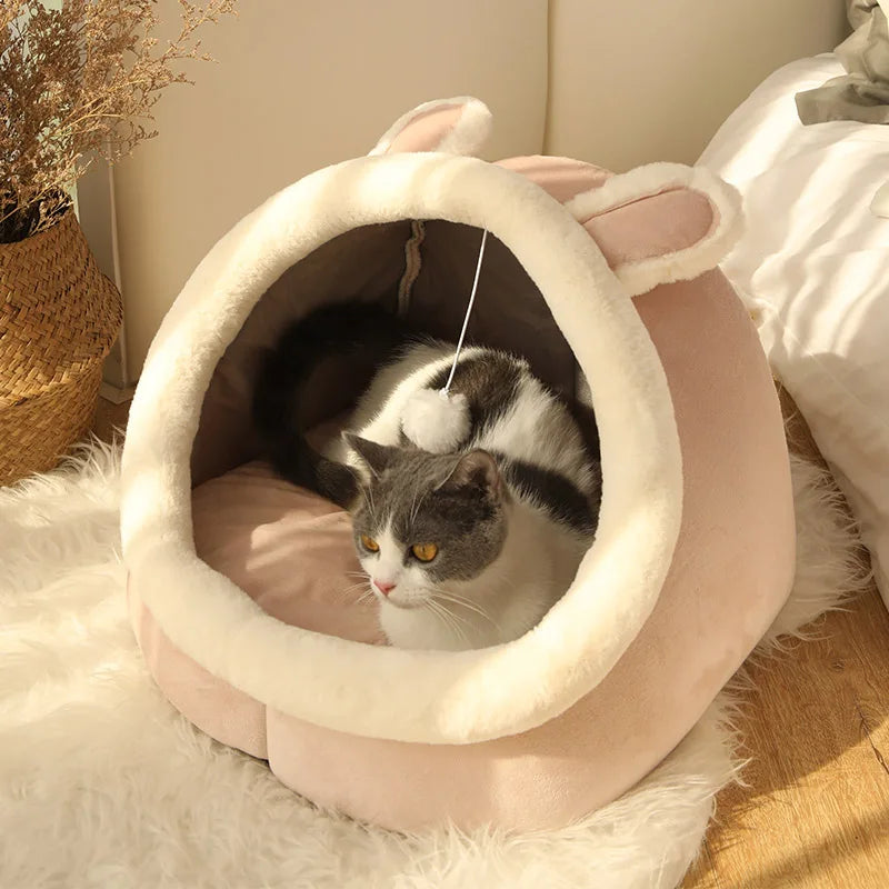 FanzyMarket plush cartoon cat and small dog bed, foldable, washable pet cave bed with removable plush lining, for cozy pet resting.