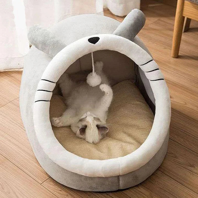 FanzyMarket cartoon cat bed, foldable and washable plush pet cave bed for cats and small dogs, cozy and removable.