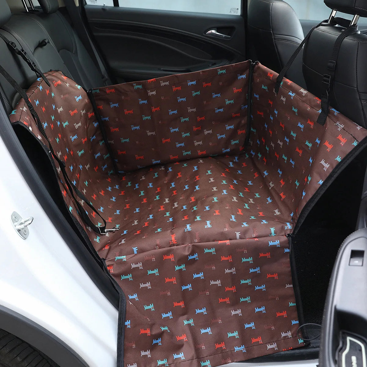 Beige waterproof pet car seat cover hammock for dogs and cats, protecting rear bench, measuring 60x35x53 cm, by FanzyMarket