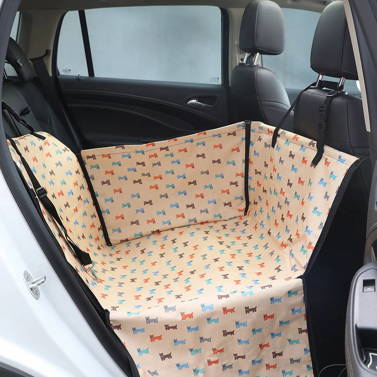 Beige waterproof pet car seat cover hammock for dogs and cats, rear bench protector, 60x35x53 cm, by FanzyMarket.