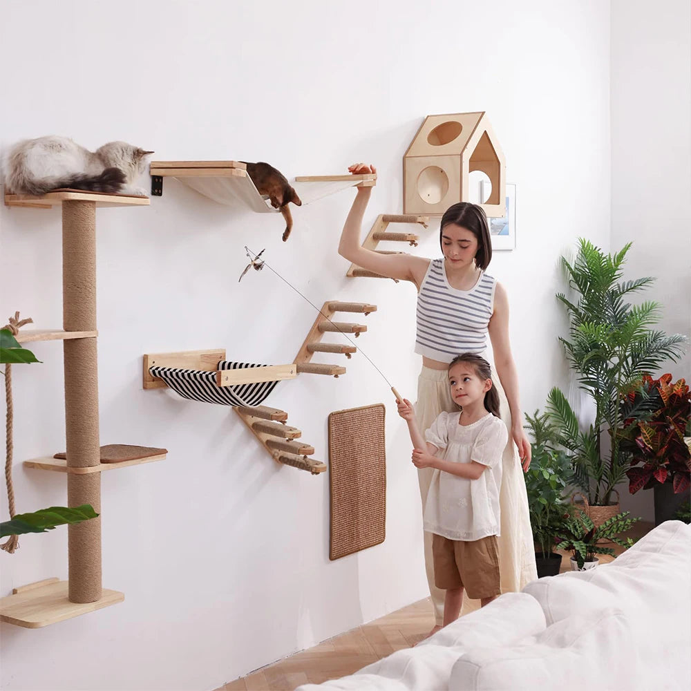 Wall-mounted FanzyMarket cat climbing shelves with steps, scratching post, and hideaway bed for feline entertainment and comfort.