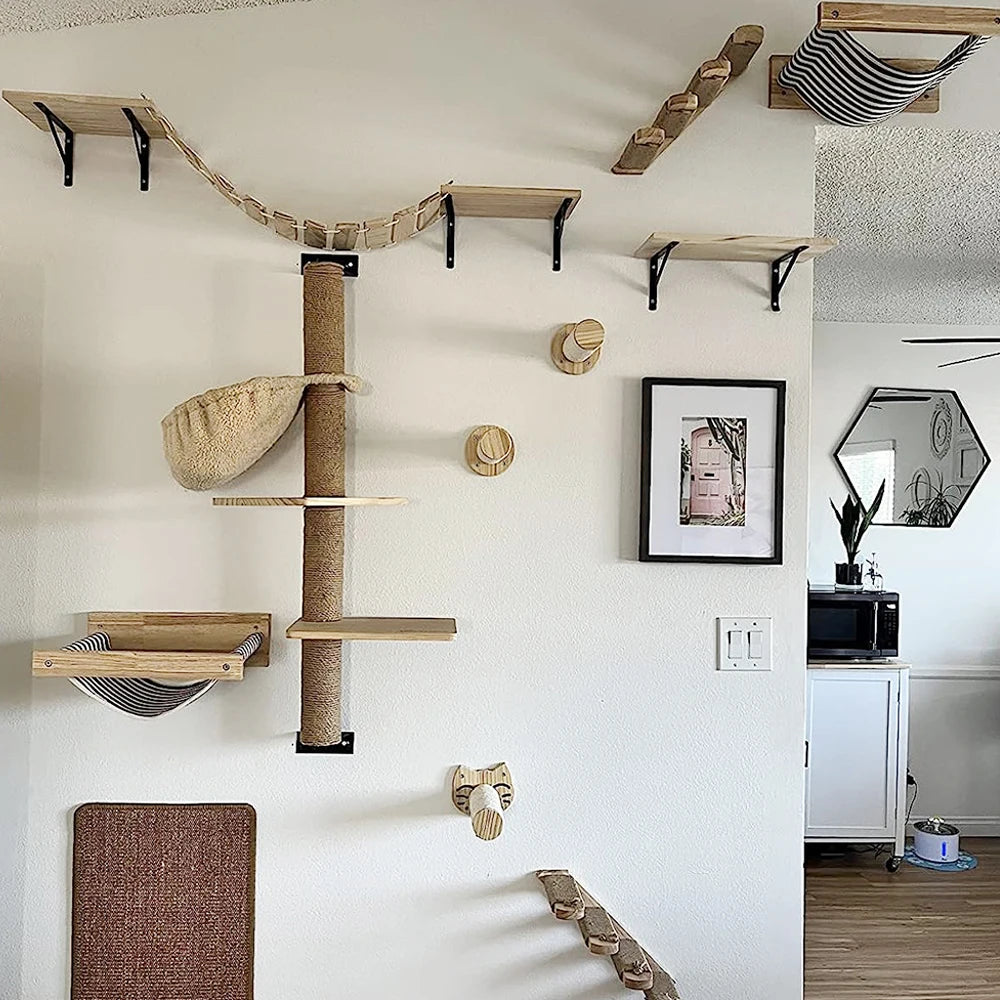 FanzyMarket wall-mounted cat climbing shelves with steps, scratching post, and cozy hideaway bed for feline play and rest.