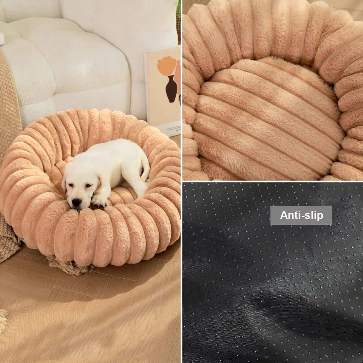Large round washable faux fur pet bed by FanzyMarket, cozy plush sofa for dogs and cats, all-season comfort in off-white.