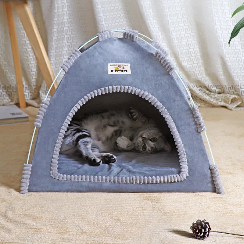 Foldable pink cat and small dog tent bed with breathable plush fabric and summer cooling mat, portable pet house by FanzyMarket.