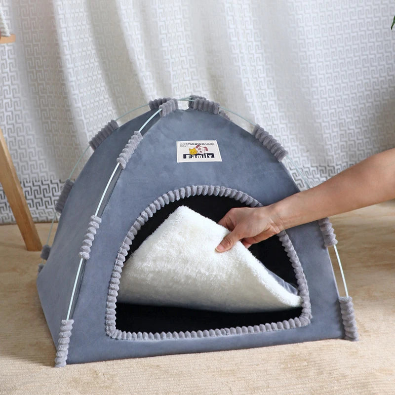Foldable pink pet tent bed for cats and small dogs by FanzyMarket with breathable plush fabric and summer cooling mat.