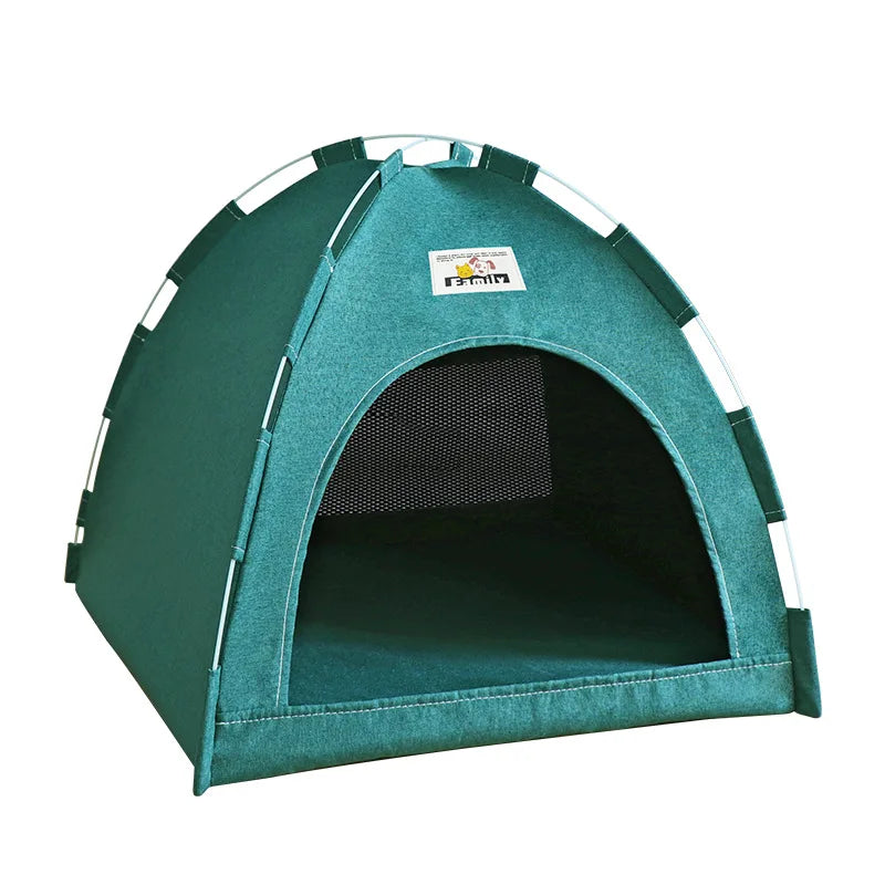 Pink foldable pet tent bed for cats and small dogs, with breathable plush fabric and summer cooling mat for comfort.
