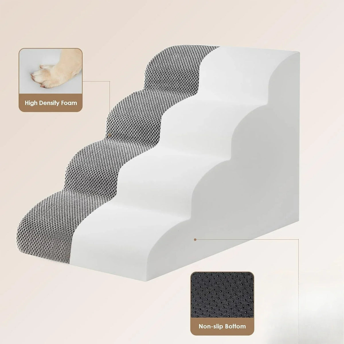 Gray curved foam pet stairs with 2-5 steps, non-slip surface, fitting beds up to 24 inches for dogs and cats.