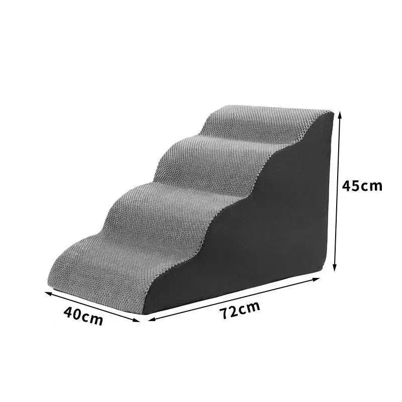 Gray curved foam pet stairs with 2–5 steps, non-slip surface, fits beds up to 24 inches, suitable for dogs and cats.