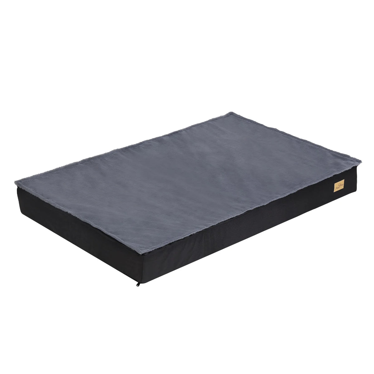 Gray orthopedic dog bed for large dogs by FanzyMarket, waterproof, non-slip, machine washable, available in sizes S to 2XL.
