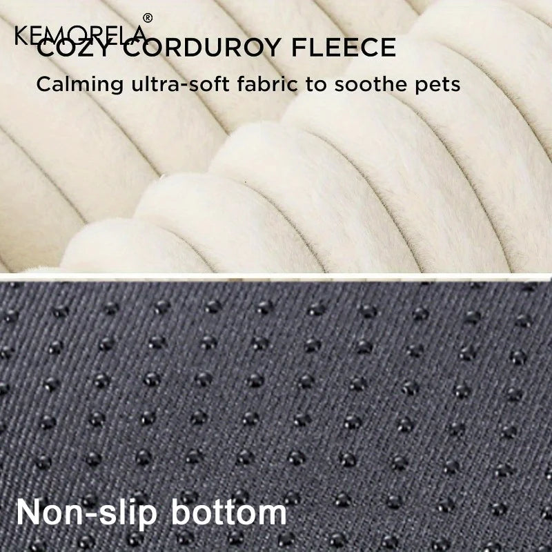 Gray orthopedic plush dog bed by FanzyMarket with high-resilience support mattress for small to medium dogs, all-season fluffy pet bed.