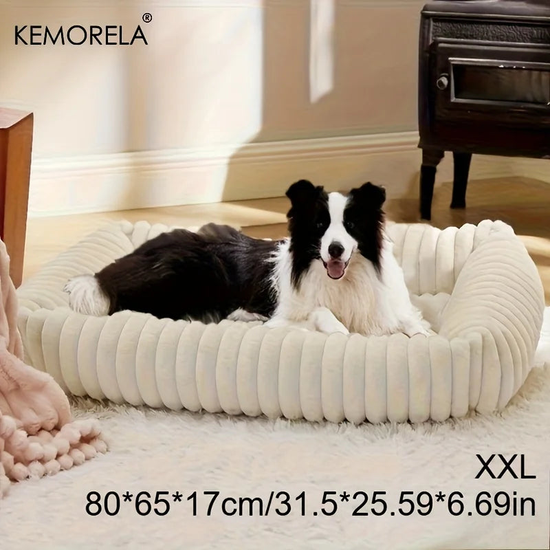 Gray orthopedic plush dog bed by FanzyMarket with high-resilience support, ideal for small to medium dogs all-season bedroom comfort.