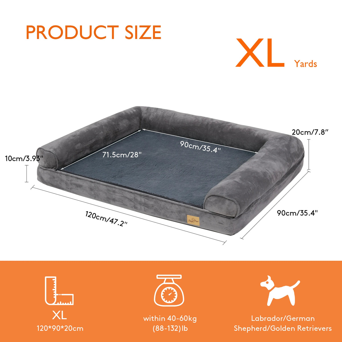 Gray orthopedic dog bed by FanzyMarket with foam mattress, bolster, waterproof liner, and removable washable cover in XXL size.