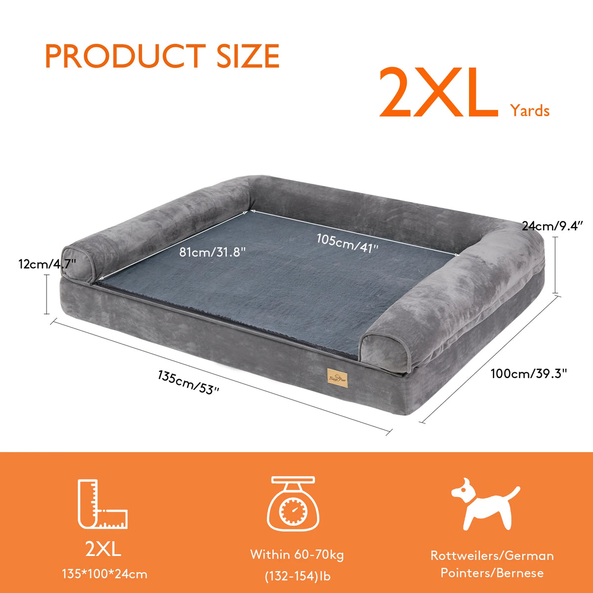 FanzyMarket orthopedic dog bed with foam mattress, bolster, washable cover, waterproof liner, in gray, available in XXL size.