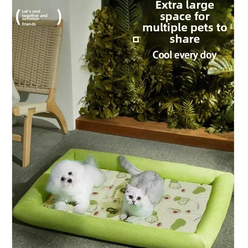 FanzyMarket cooling pet bed for dogs and cats, plush summer mat with green cover, suitable for small to large breeds.