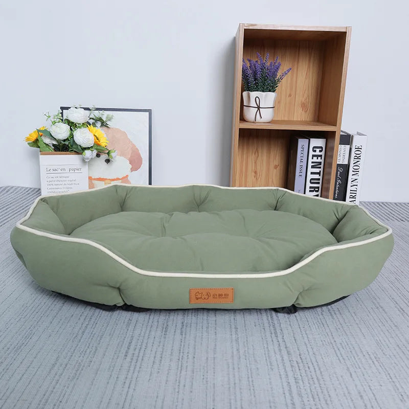 Large green FanzyMarket plush corduroy pet sofa bed for dogs and cats, winter warm sleeping mat and comfortable cushion.