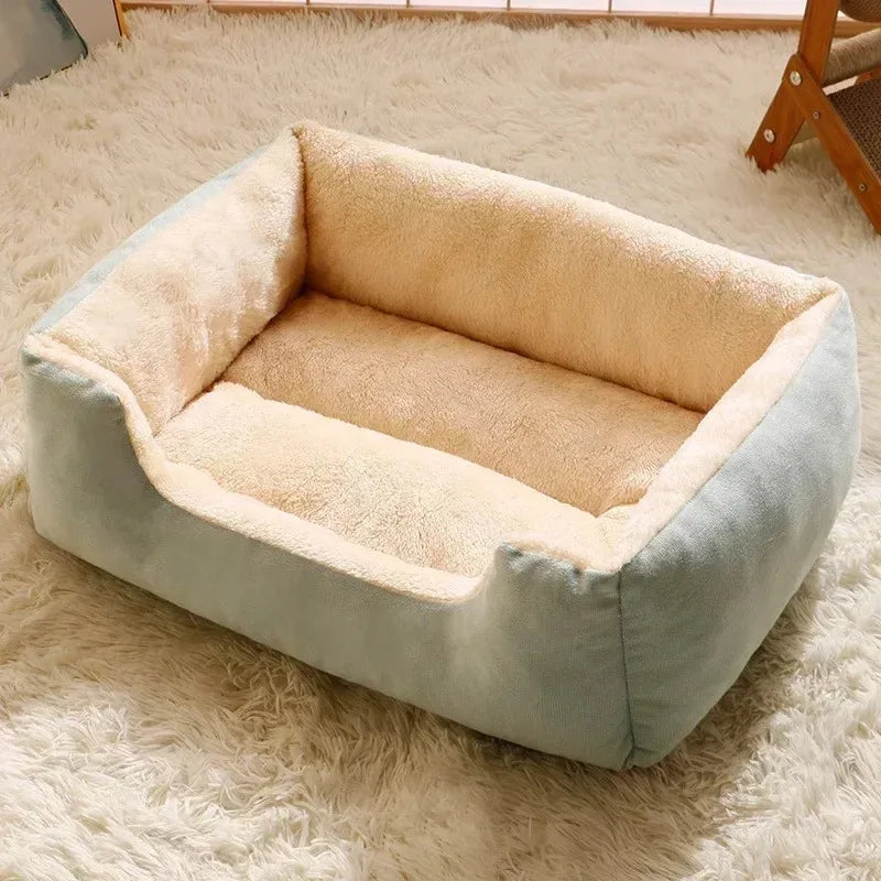FanzyMarket plush pet bed for cats and small dogs, green cozy winter cushion with soft fabric and raised edges.