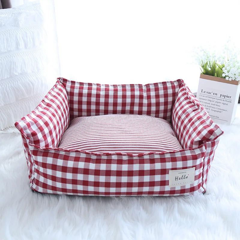 FanzyMarket striped cotton pet bed sofa for cats and small dogs, indoor puppy kennel in green, available in S and M sizes.