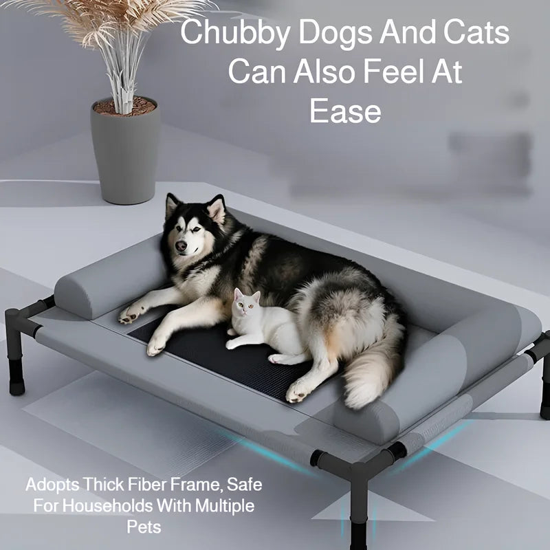 Large moisture-proof elevated pet bed by FanzyMarket with removable washable breathable mesh for indoor or camping use.