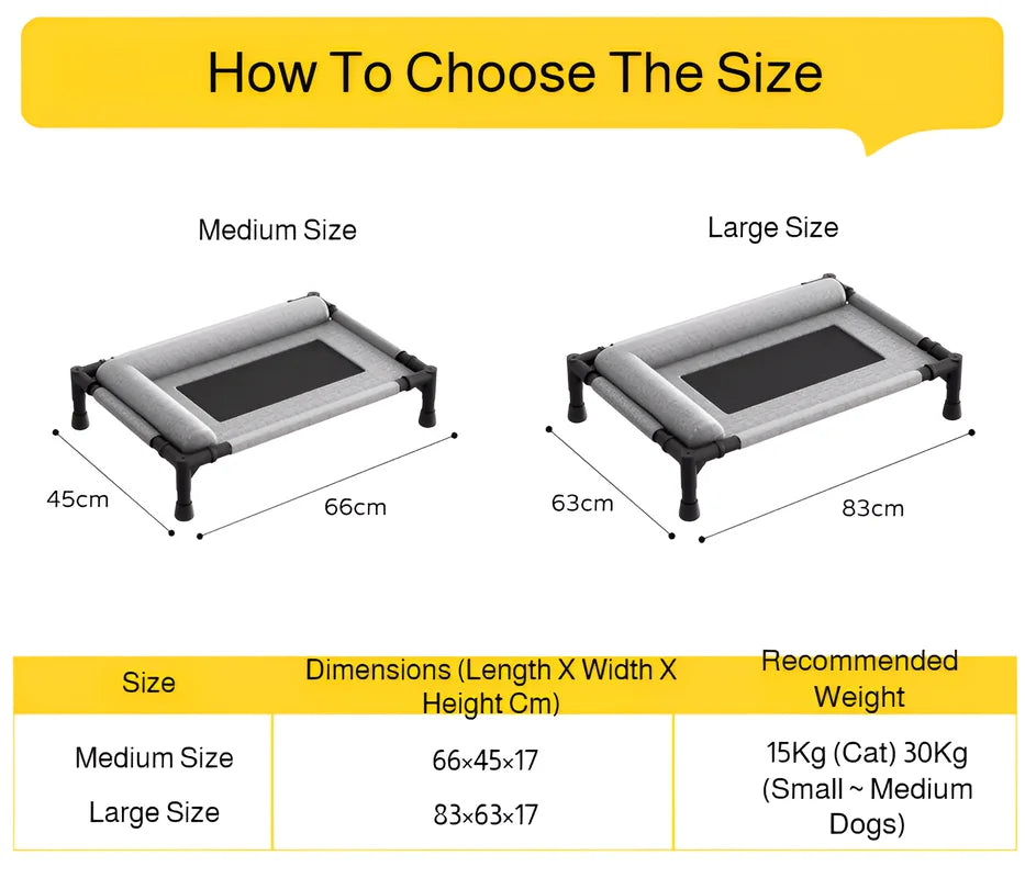 Large moisture-proof elevated pet bed by FanzyMarket with removable washable breathable mesh for indoor or camping use.