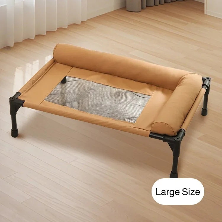 Large moisture-proof elevated pet bed by FanzyMarket with breathable mesh, removable washable cover, suited for indoor and camping use.