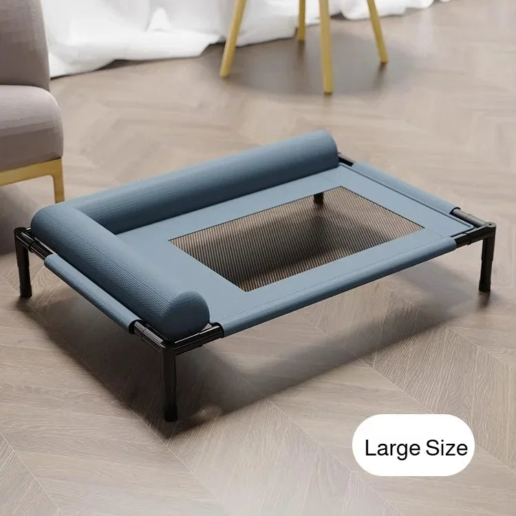 Large moisture-proof elevated pet bed by FanzyMarket with washable breathable mesh, ideal for camping or indoor use for dogs and cats.