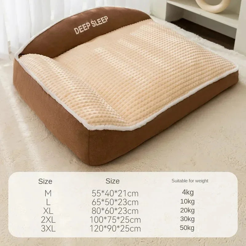 FanzyMarket corduroy pet bed for dogs and cats, cozy winter sofa nest with warm holiday blanket in khaki, available in multiple sizes.