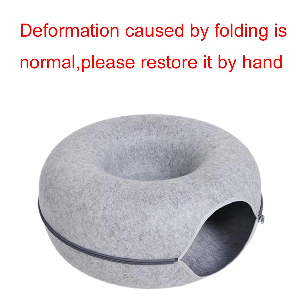 Light grey FanzyMarket 2-in-1 felt donut cat bed and tunnel with breathable hole, foldable design in medium and large sizes.