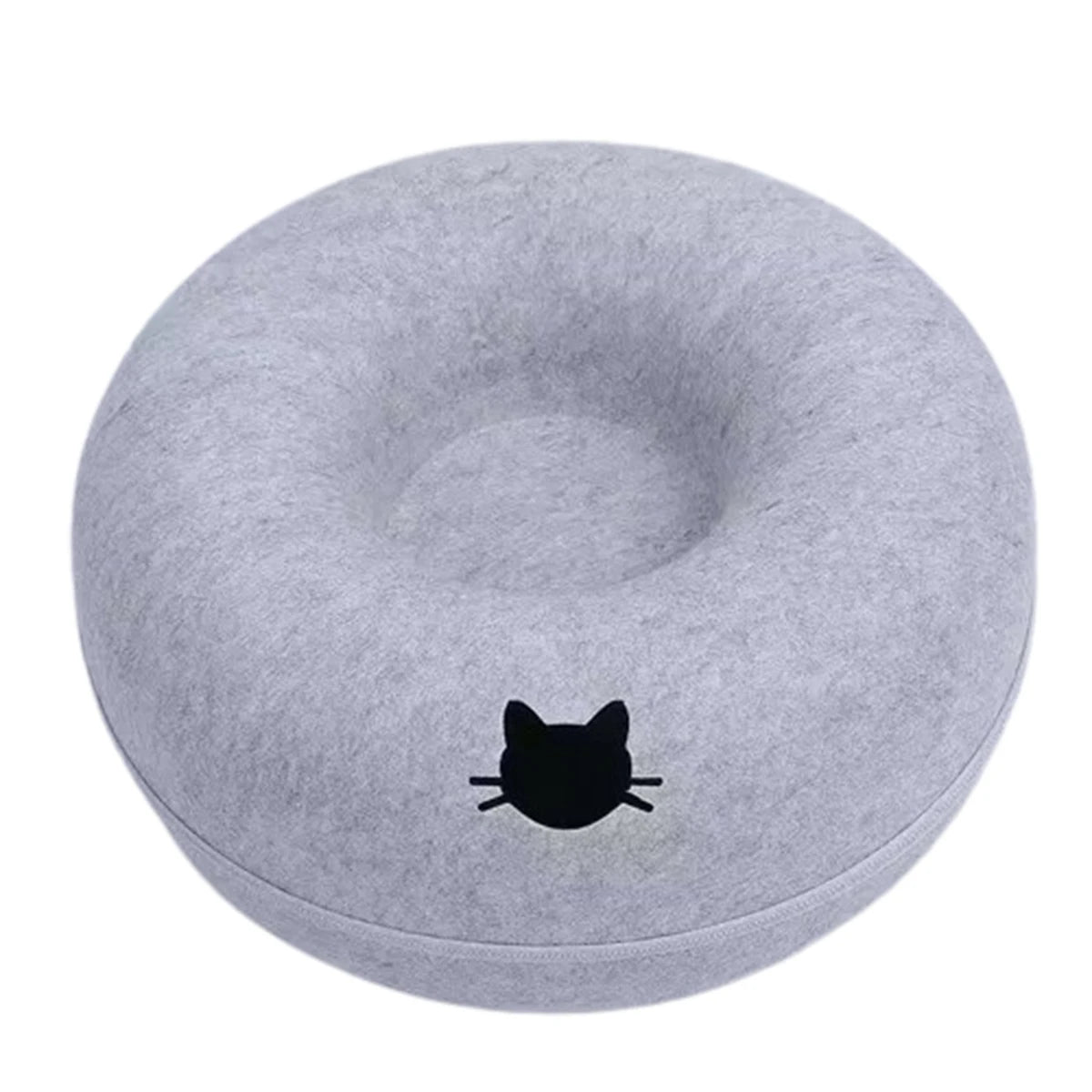 Light grey 2-in-1 felt donut cat bed and tunnel with breather hole, foldable design in medium and large sizes.