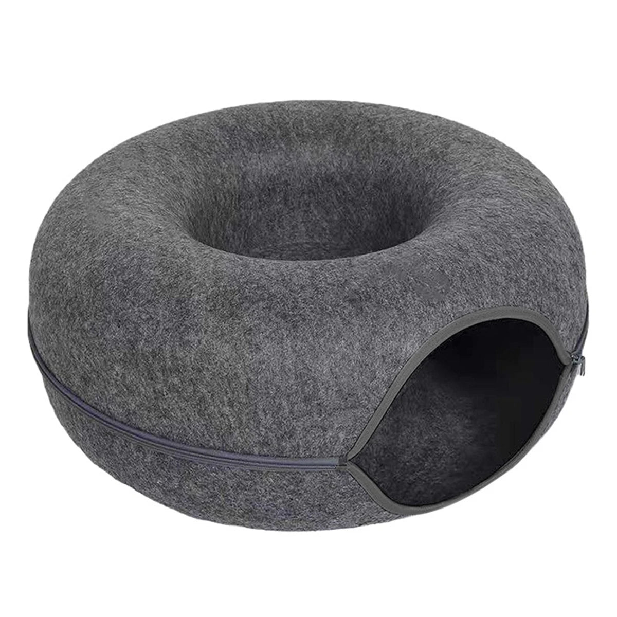 Light grey 2-in-1 felt donut cat bed and tunnel with breather hole, foldable design in medium and large sizes by FanzyMarket.