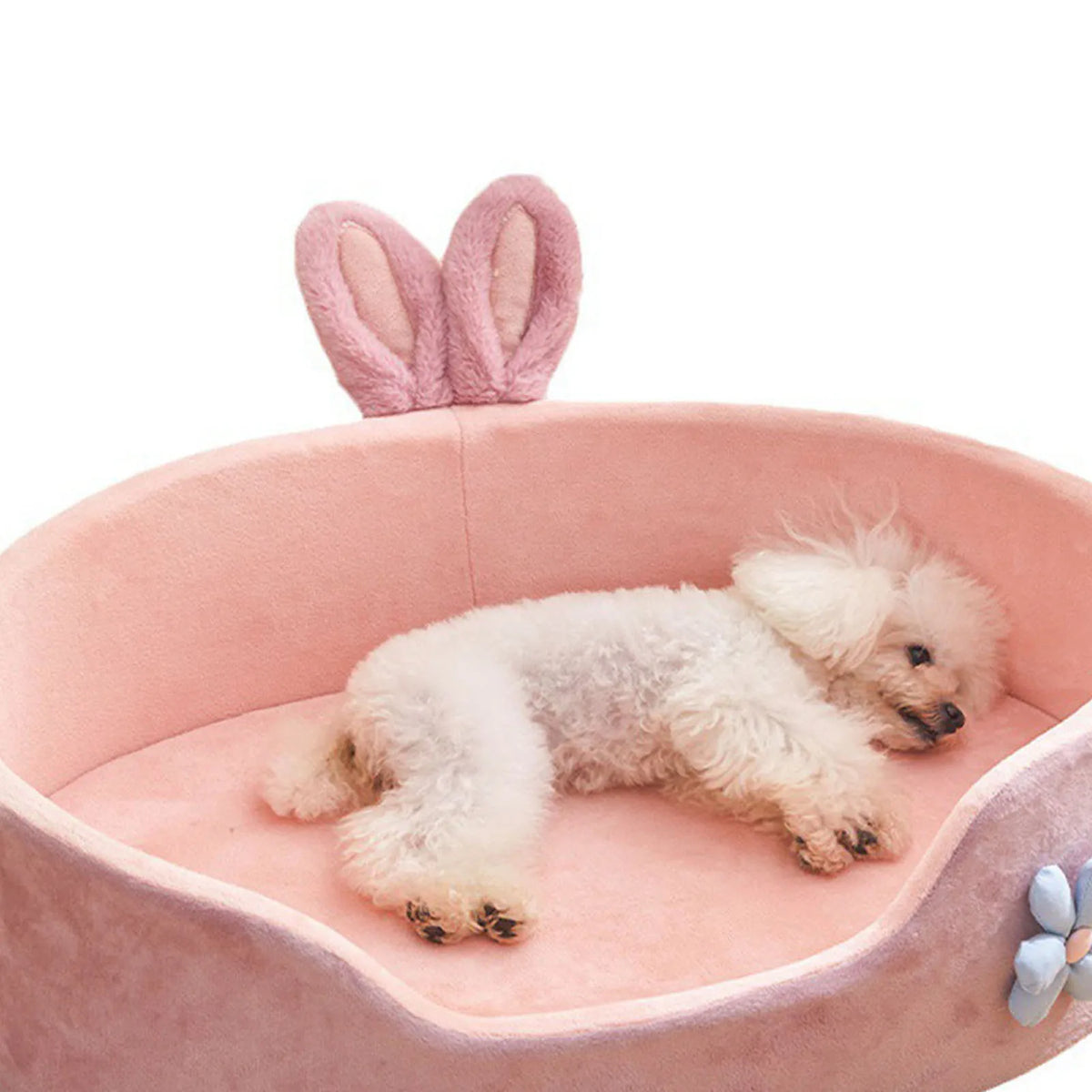 Pink FanzyMarket washable pet bed for cats and small dogs, soft and cozy four-season design with detachable cover in M/L size.