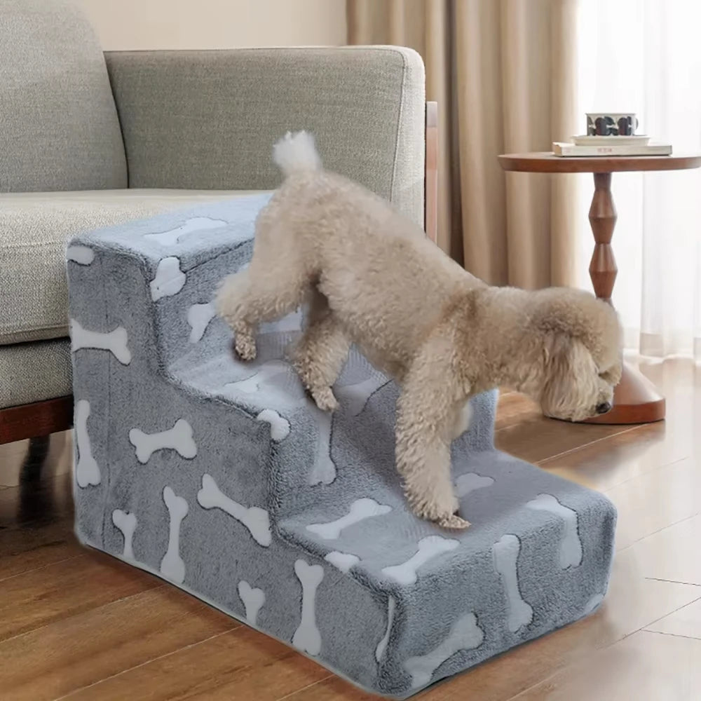 Bone-shaped FanzyMarket pet stairs ramp with 3 or 4 steps for dogs and cats to access sofas and beds easily.