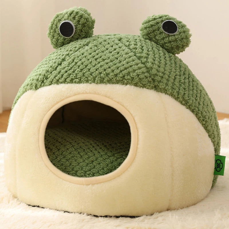 Frog-shaped semi-enclosed plush pet bed by FanzyMarket, cozy cat house and small dog den, ideal for kittens and puppies.