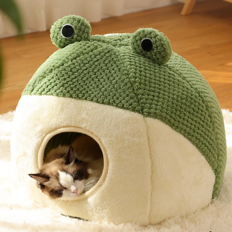Frog-shaped plush pet bed by FanzyMarket, cozy semi-enclosed cat house and small dog den for warm, comfortable nesting.