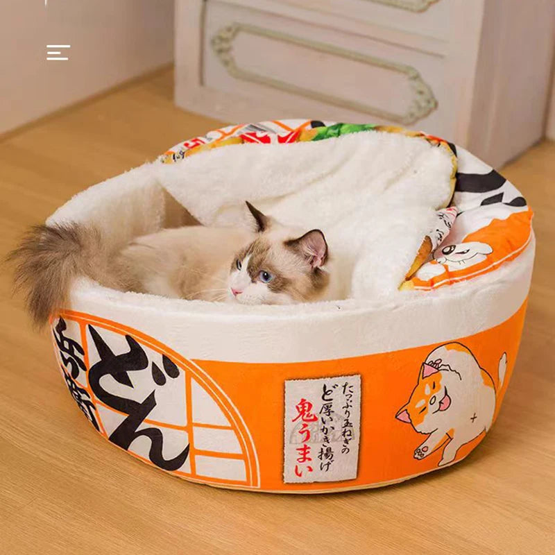 FanzyMarket Instant Noodle Pet Bed with removable cover, cozy udon cup nest for cats and small dogs in small and large sizes.