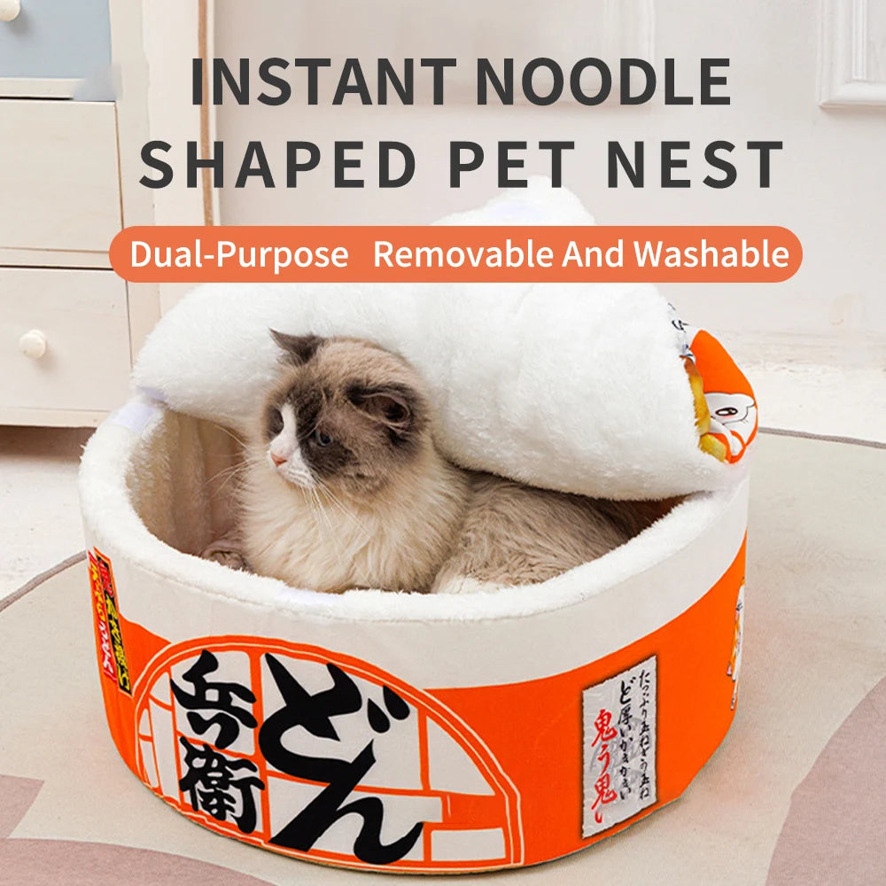 FanzyMarket Instant Noodle Pet Bed for cats and small dogs, cozy udon cup nest with removable cover, available in small and large sizes.