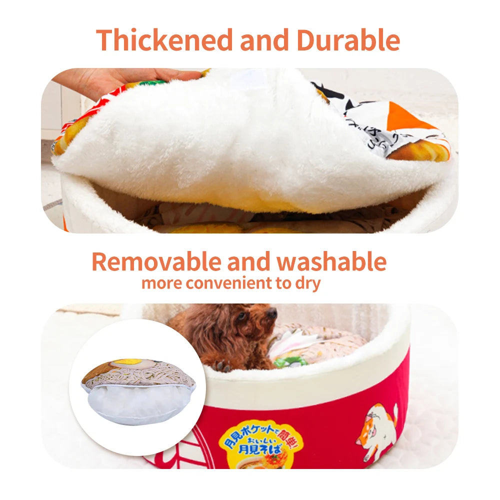 FanzyMarket cozy Udon Cup pet bed for cats and small dogs, with removable cover, available in small and large sizes.