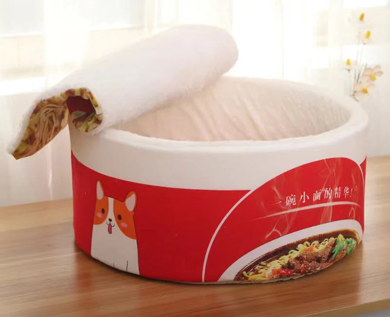 FanzyMarket cozy Udon Cup pet bed for cats and small dogs, with removable cover in small and large sizes, plush and comfortable.