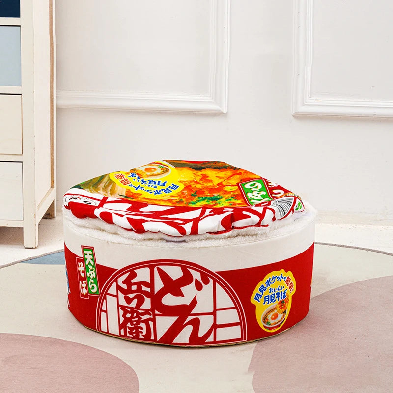 FanzyMarket cozy Udon Cup pet bed for cats and small dogs, with removable cover, in S and L sizes, featuring noodle cup design.