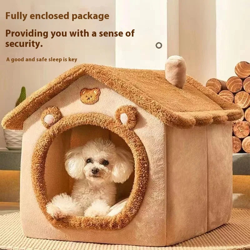 Yellow all-season pet house bed by FanzyMarket with plush cave design, removable and washable for small dogs and cats.