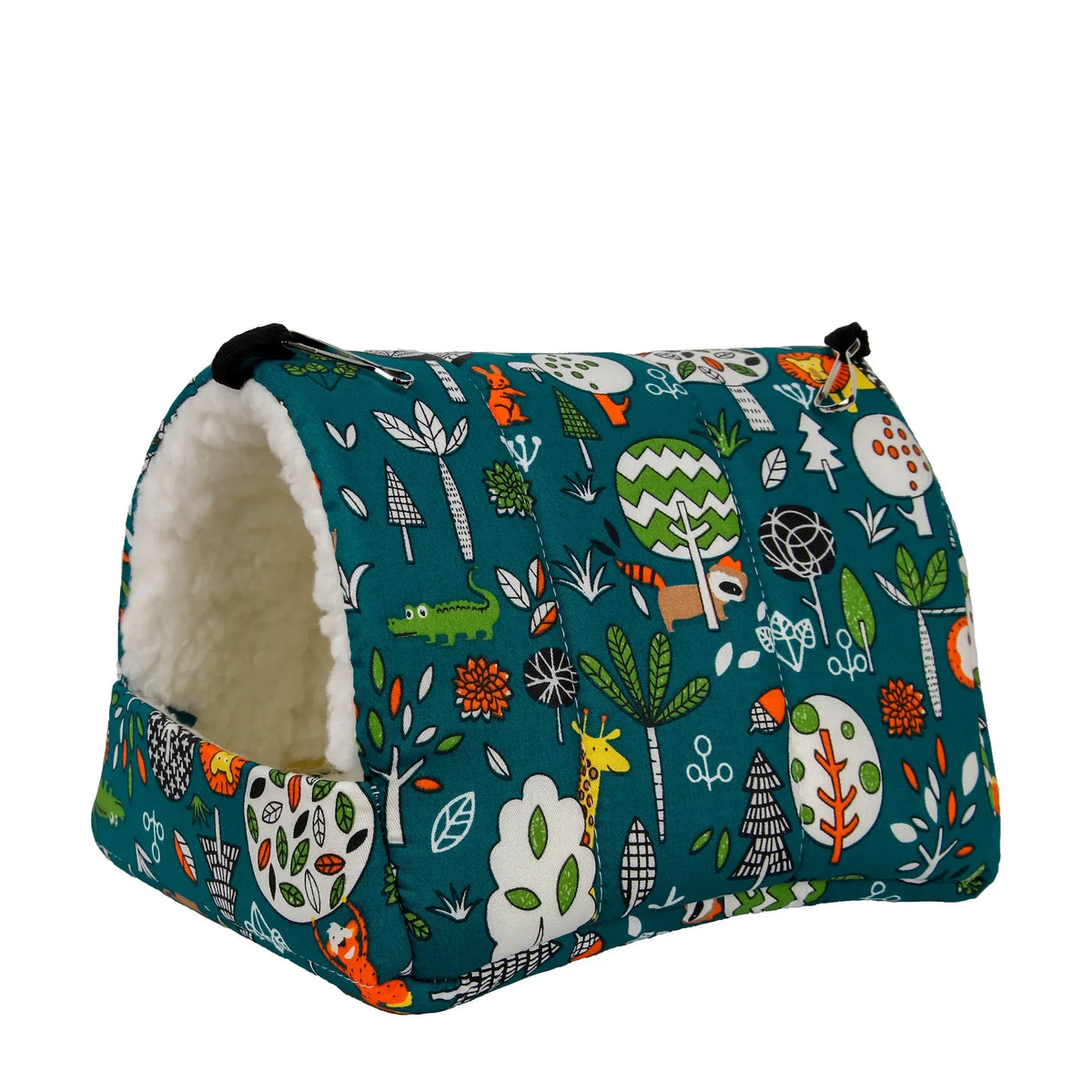 FanzyMarket hanging pet bed for birds, hamsters, guinea pigs, rabbits, and squirrels, with cute printed design and cozy nest shape.