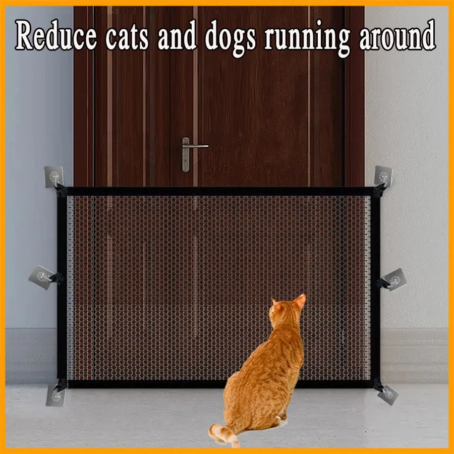 FanzyMarket breathable foldable dog barrier mesh gate with 6 adhesive hooks, ideal for indoor and outdoor pet safety.