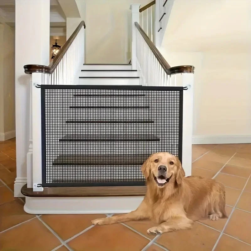 FanzyMarket heavy-duty foldable breathable dog barrier mesh gate with 6 adhesive hooks for indoor and outdoor pet safety.