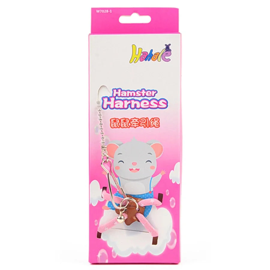 FanzyMarket adjustable small pet harness and leash with bell, suitable for hamster, rat, mouse, guinea pig, or ferret. Pink color.