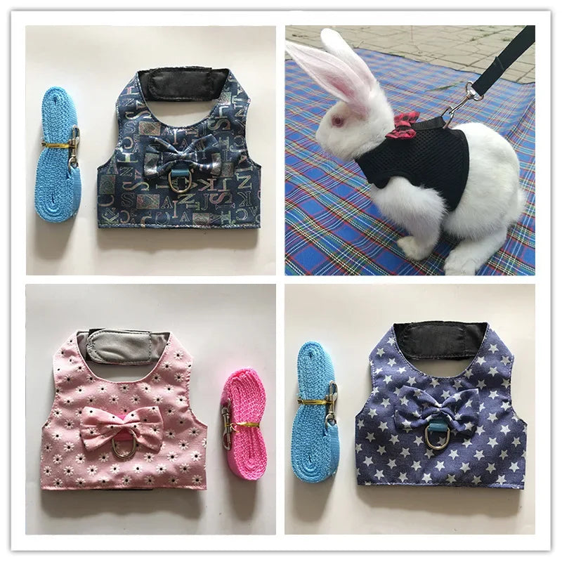 FanzyMarket small animal vest harness and leash set for rabbits, kittens, and guinea pigs, adjustable breathable cotton in three sizes.
