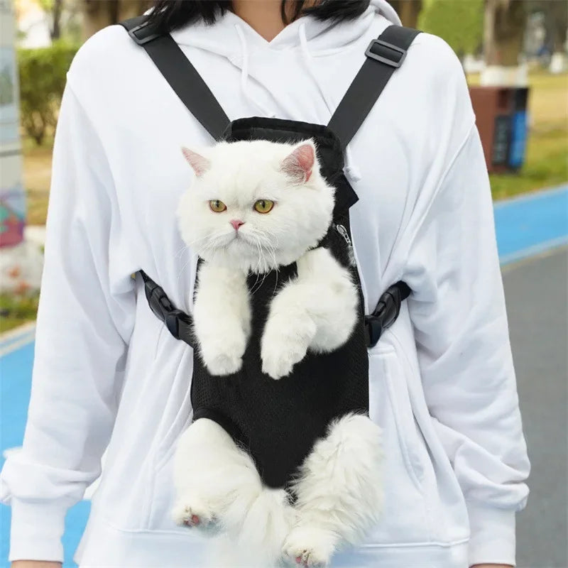 FanzyMarket adjustable double-shoulder pet carrier backpack for cats and small dogs, breathable and hands-free hiking travel bag.