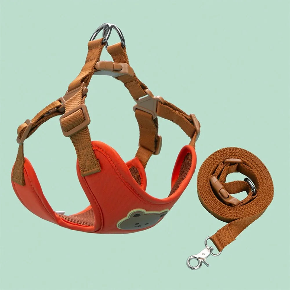 Beige adjustable anti-escape pet harness and leash set with no-pull chest strap for dogs and cats, outdoor walking accessories.