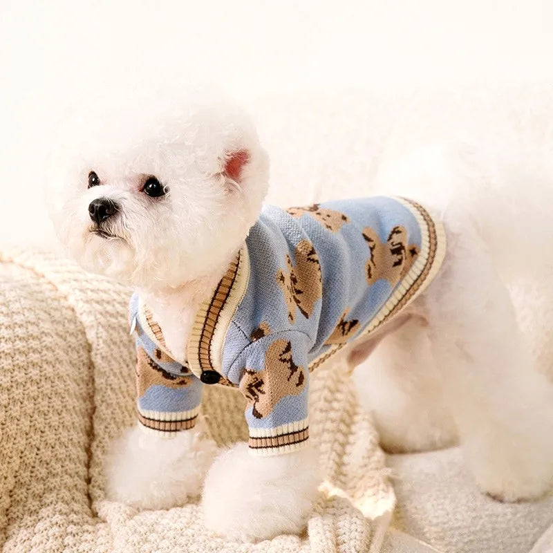 FanzyMarket striped beige cotton cardigan sweater for small dogs and cats, warm pet coat for Chihuahua, puppy, and kitten.